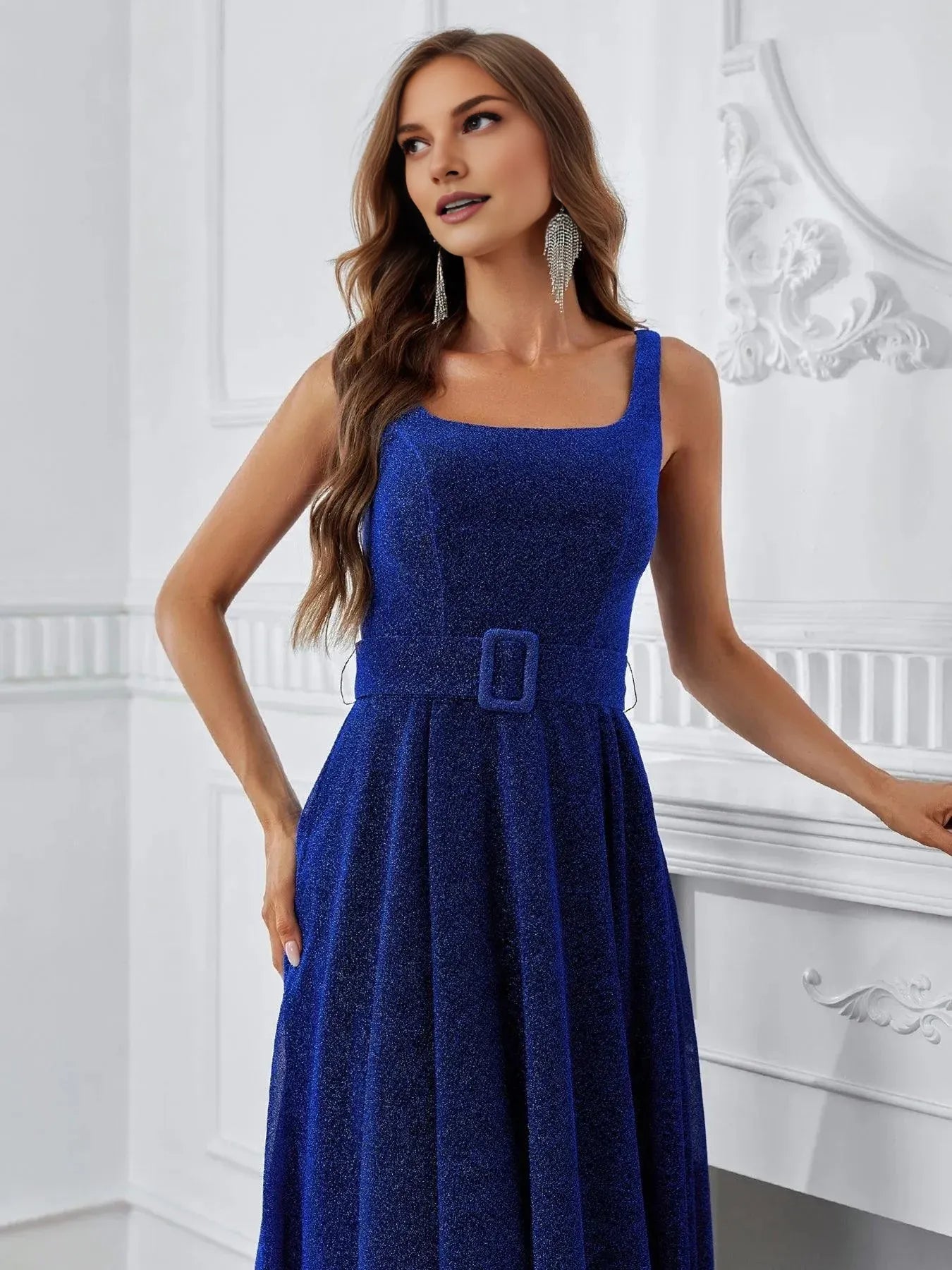 Modern A-Line Square Neck Sleeveless Zipper Up Floor-Length Prom Dress